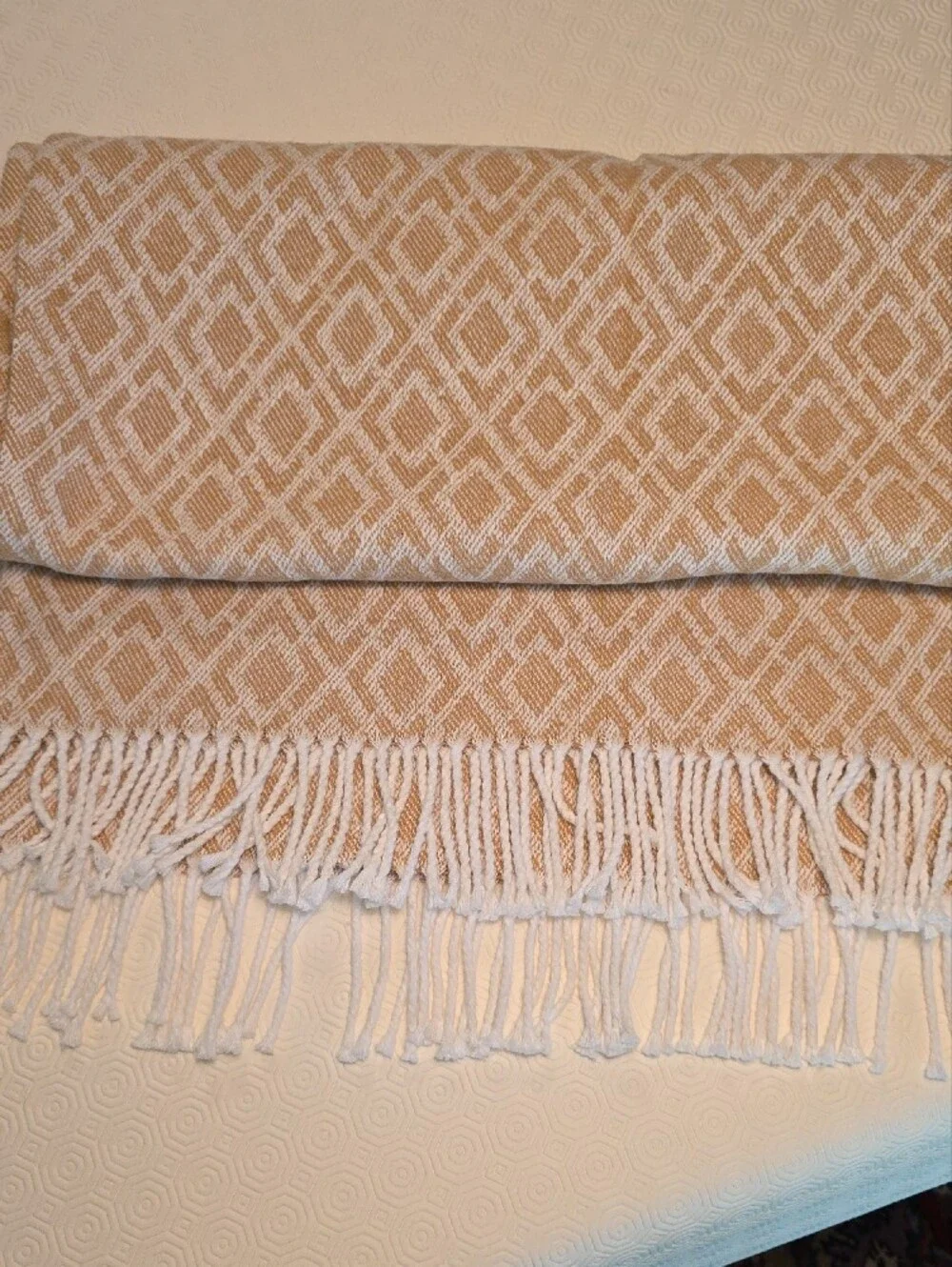 Linea Casa Beige & White Geometric Fringe Throw Blanket 52x70